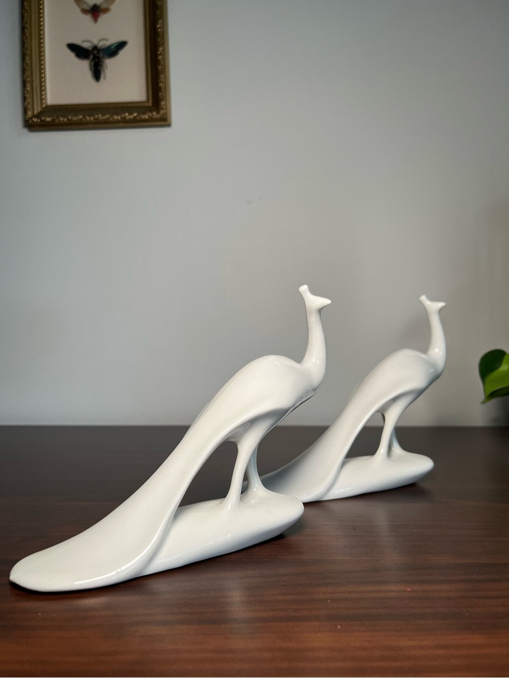 Vintage Italian Mid-Century Modern White Porcelain Peacock Figurines Pair | MCM
